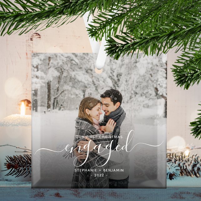First Christmas Engaged Custom Photo White Script Glass Tree Decoration (Creator Uploaded)