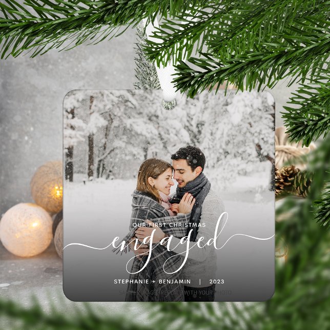 First Christmas Engaged Custom Photo White Script Metal Tree Decoration (Creator Uploaded)