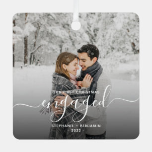 First Christmas Engaged Custom Photo White Script Metal Tree Decoration