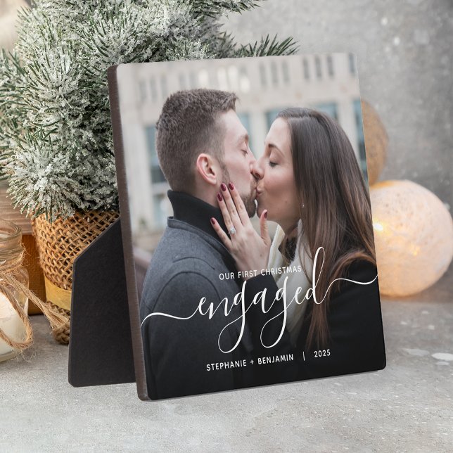 First Christmas Engaged Custom Photo White Script Plaque (Creator Uploaded)