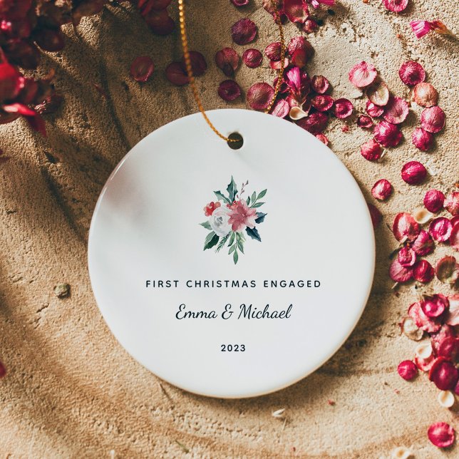 First Christmas Engaged | Elegant and Minimalist Ceramic Ornament (An elegant, minimalist holiday keepsake ornament for their first Christmas engaged)