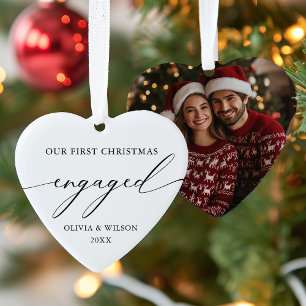 First Christmas Engaged   Elegant Engagement Photo Ornament