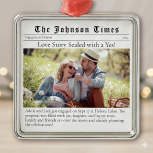 First Christmas Engaged   Engagement Announcement  Metal Ornament