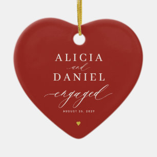 First Christmas engaged engagement photo red heart Ceramic Ornament