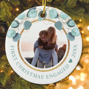 First Christmas Engaged Eucalyptus Gold Photo Cera Ceramic Ornament