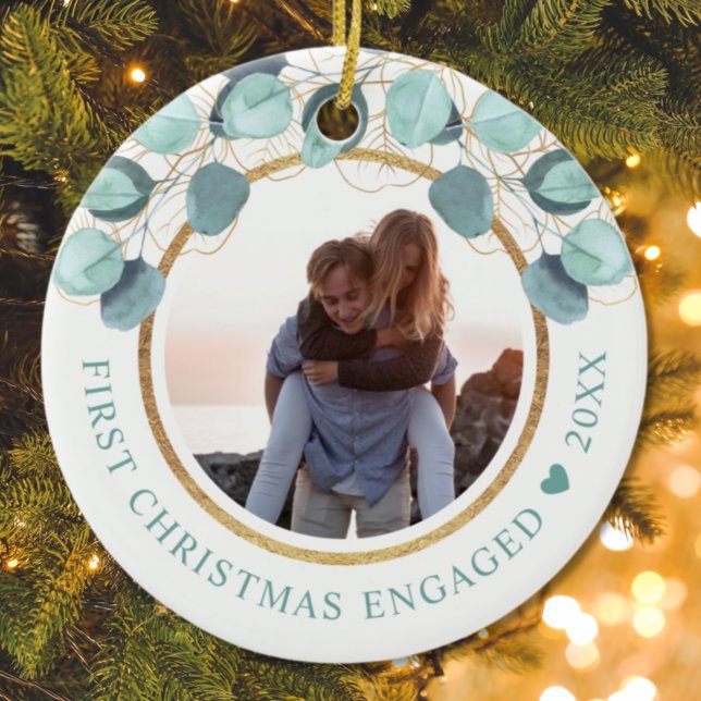 First Christmas Engaged Eucalyptus Gold Photo Cera Ceramic Ornament (Creator Uploaded)