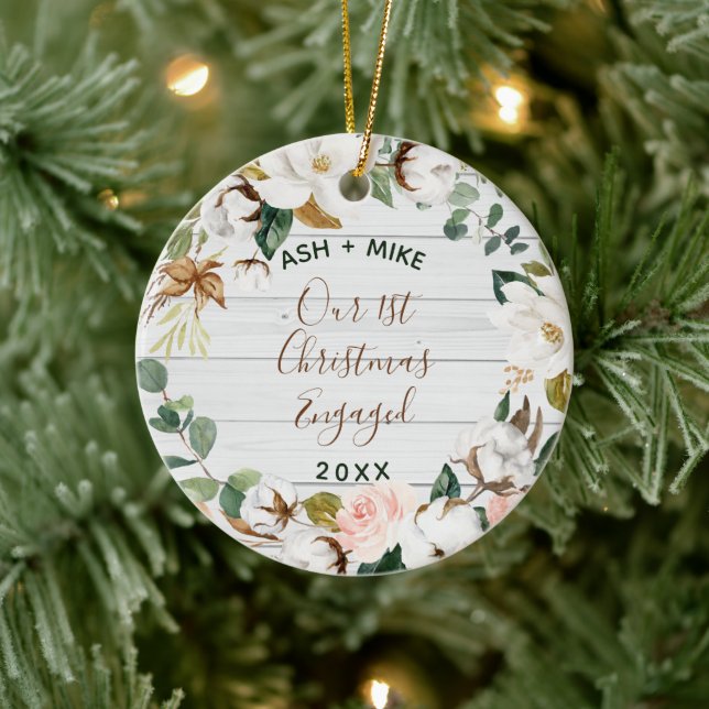 First Christmas Engaged Eucalyptus Wreath Photo Ceramic Ornament (Tree)