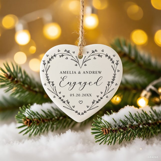 First Christmas Engaged Floral Botanical  Wreath Ceramic Ornament (Creator Uploaded)