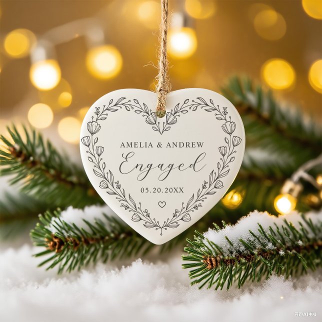 First Christmas Engaged Floral Botanical  Wreath Ceramic Ornament (Creator Uploaded)