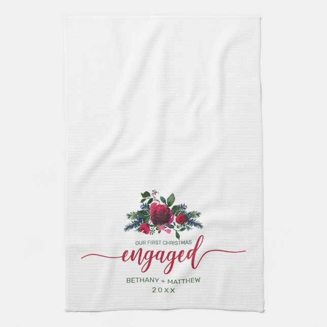 First Christmas Engaged Floral Red Rose Tea Towel (Vertical)