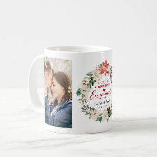 First Christmas Engaged Floral Wreath 2 Photos Coffee Mug