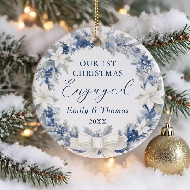 First Christmas Engaged Floral Wreath Photo Ceramic Ornament (Creator Uploaded)