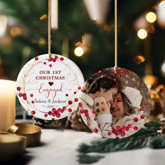 First Christmas Engaged Floral Wreath Photo Ceramic Ornament