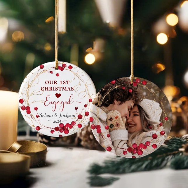 First Christmas Engaged Floral Wreath Photo Ceramic Ornament (Creator Uploaded)