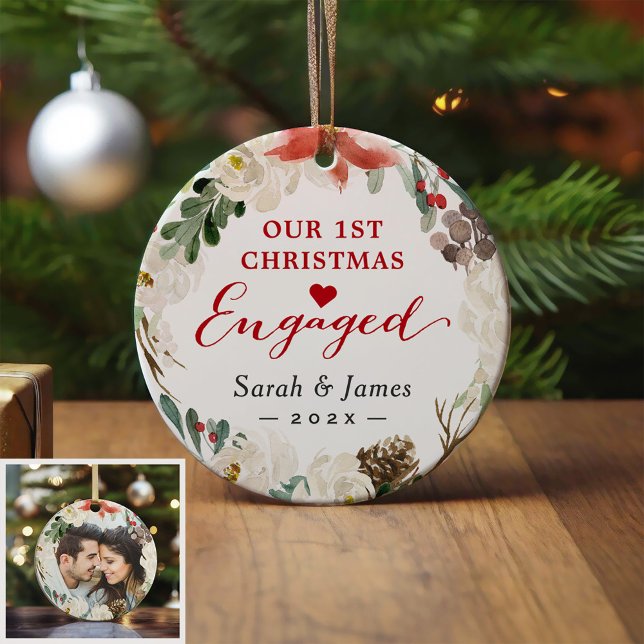 First Christmas Engaged Floral Wreath Photo Ceramic Ornament (Creator Uploaded)