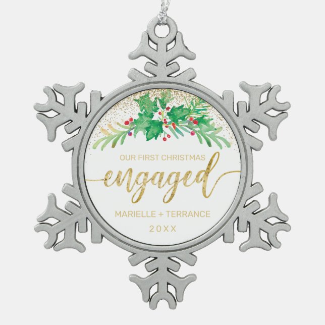 First Christmas Engaged Gold Glitter Script Holly Snowflake Pewter Christmas Ornament (Front)