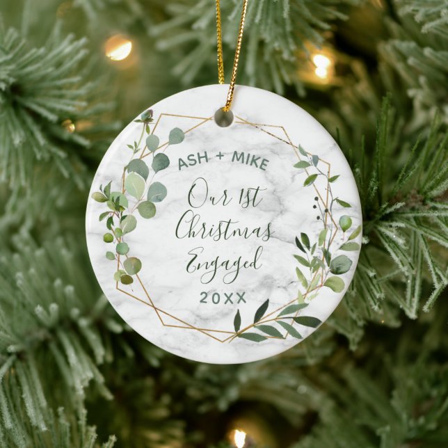 First Christmas Engaged Gold Marble Greenery Photo Ceramic Ornament (Tree)