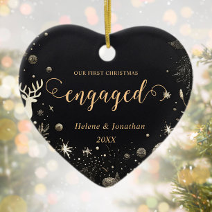 First Christmas Engaged Gold Modern Elegant Unique Ceramic Ornament