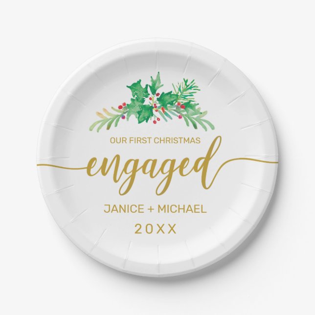 First Christmas Engaged Gold Script Holly Monogram Paper Plate (Front)