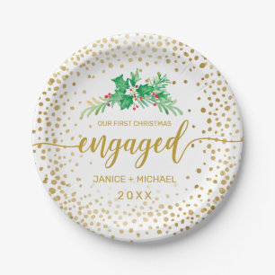 First Christmas Engaged Gold Script Holly Monogram Paper Plate