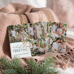 First Christmas Engaged Green Bow Photo Collage Ceramic Ornament