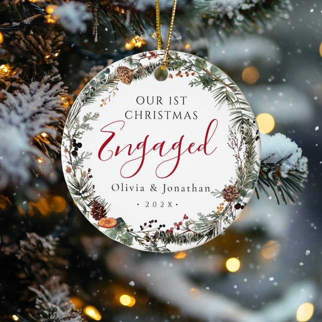 First Christmas Engaged Greenery Wreath Photo Ceramic Ornament (Creator Uploaded)