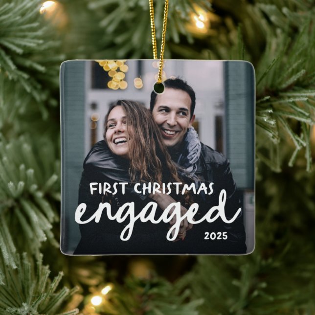 First Christmas Engaged | Hand-Drawn Lettering Ceramic Ornament (Tree)