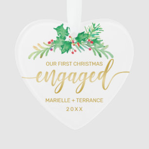 First Christmas Engaged Holly Gold Script Photo Ornament