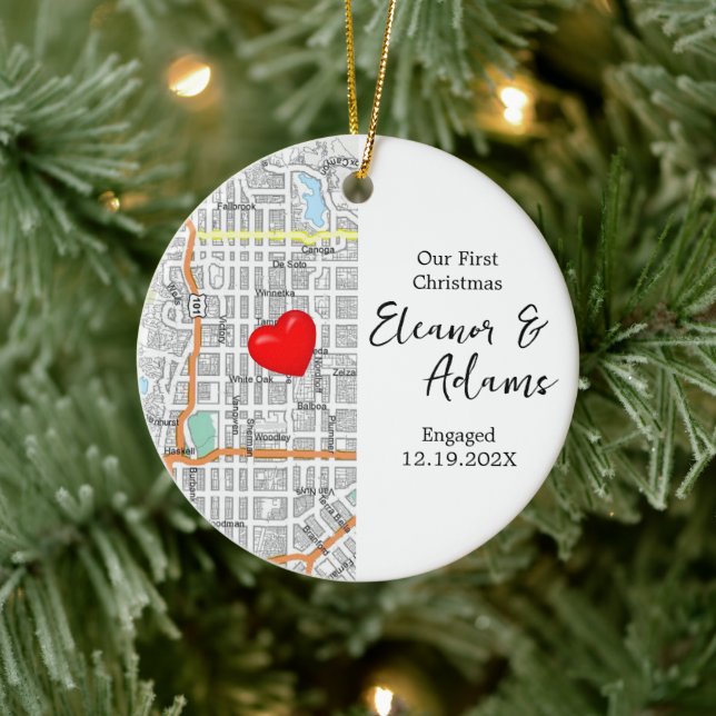First Christmas Engaged Map Keepsake Gift Ceramic Ornament (Tree)