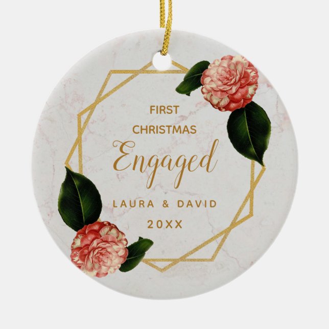 First Christmas Engaged Marble Gold Pink Camellia Ceramic Ornament (Front)