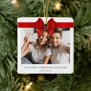 First Christmas Engaged   Minimal Engagement Photo Ceramic Ornament