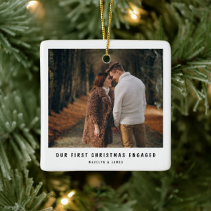 First Christmas Engaged Minimal Photo Engagement Ceramic Ornament