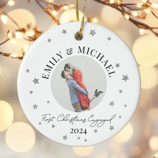 First Christmas Engaged Minimal Stars Photo Ceramic Ornament (Creator Uploaded)