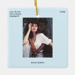 First Christmas Engaged Minimal Typewriter Photo Ceramic Ornament