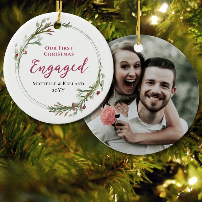 First Christmas Engaged Minimal Wreath Photo Ceramic Ornament (Creator Uploaded)