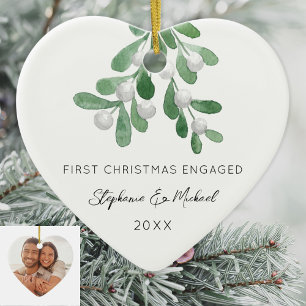 First Christmas Engaged Mistletoe Photo Ceramic Ornament