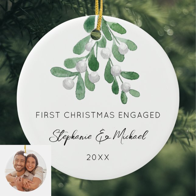 First Christmas Engaged Mistletoe Photo Ceramic Ornament (Creator Uploaded)