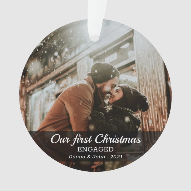 First Christmas Engaged Modern Minimal Photo Ornament (Front)