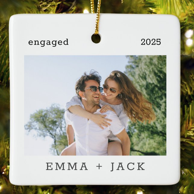 First Christmas Engaged Modern Minimalist Photo Ceramic Ornament (Creator Uploaded)