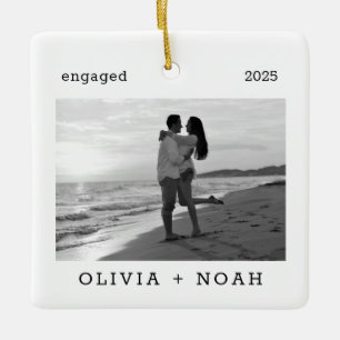 First Christmas Engaged Modern Minimalist Photo Ceramic Ornament