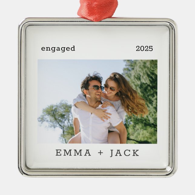 First Christmas Engaged Modern Minimalist Photo Metal Ornament (Front)