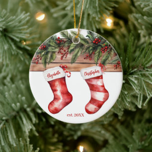 First Christmas Engaged Name Stocking with Photo Ceramic Ornament
