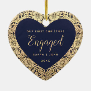 First Christmas Engaged Navy Blue Gold Roses Ceramic Ornament
