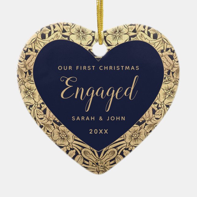 First Christmas Engaged Navy Blue Gold Roses Ceramic Ornament (Front)
