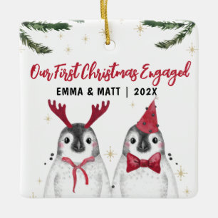 First Christmas Engaged or married funny penguins Ceramic Ornament