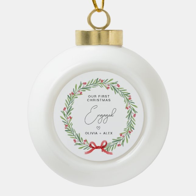 First Christmas Engaged Personalised Christmas gif Ceramic Ball Christmas Ornament (Front)