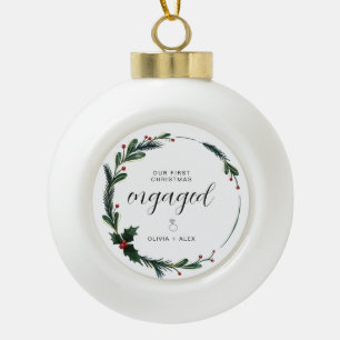 First Christmas Engaged Personalised Couple Gift  Ceramic Ball Christmas Ornament