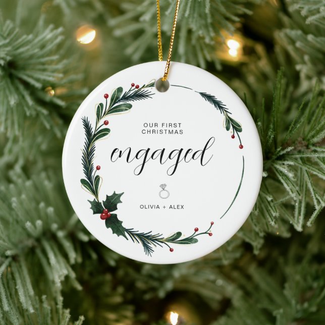 First Christmas Engaged Personalised Couple Gift  Ceramic Ornament (Tree)