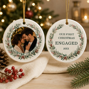First Christmas Engaged Personalised Photo Ceramic Ornament