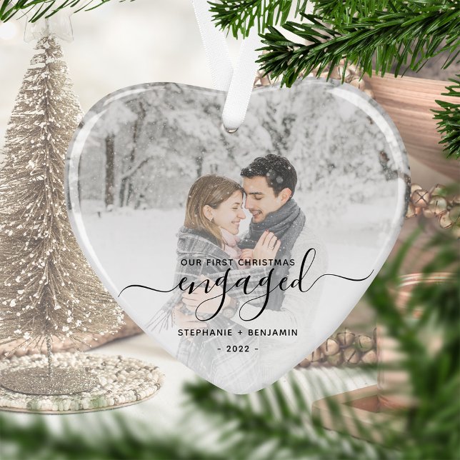 First Christmas Engaged Photo Black Script Heart Ornament (Creator Uploaded)
